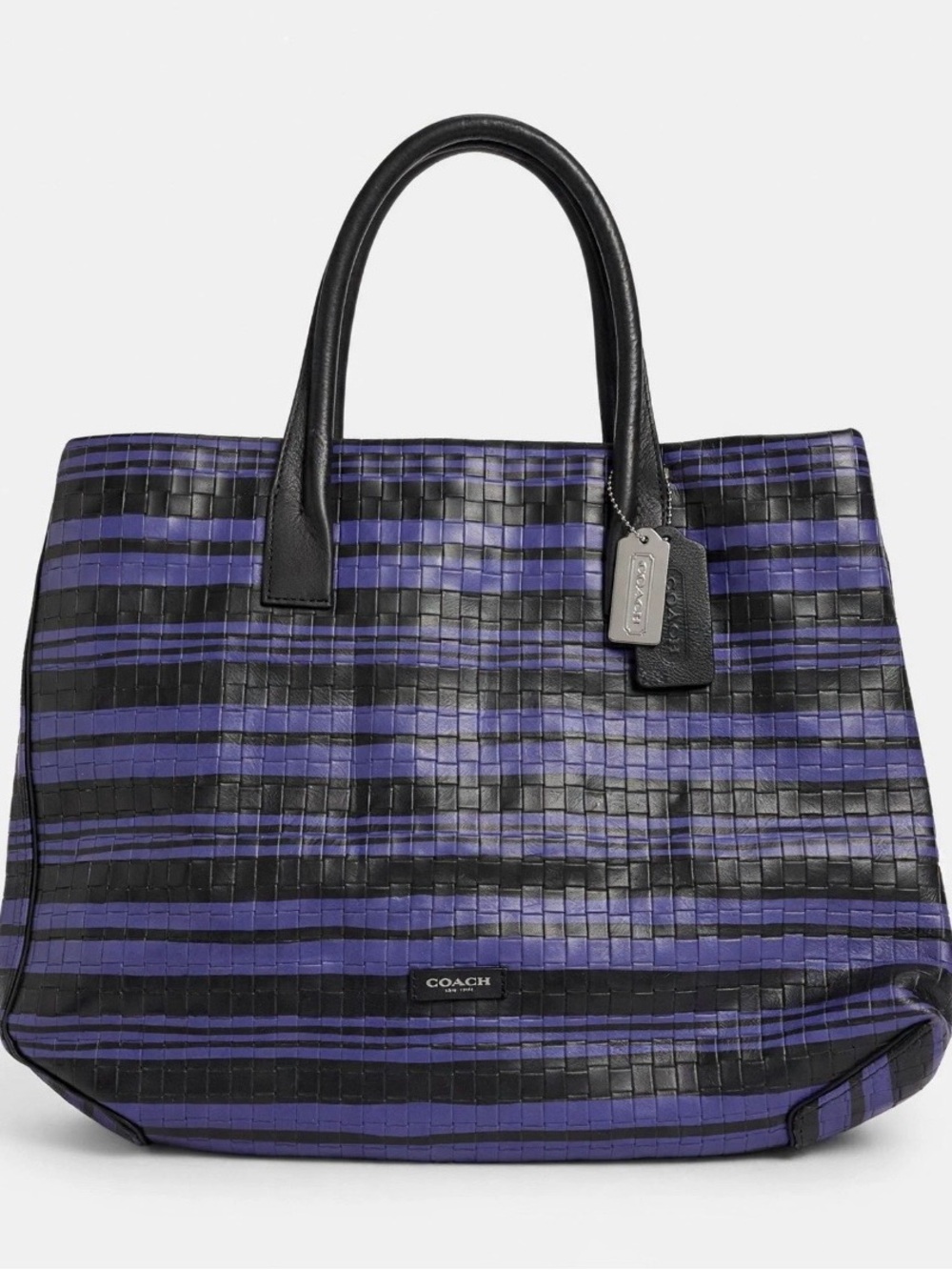 Coach Black and Purple Striped Leather Woven Tote